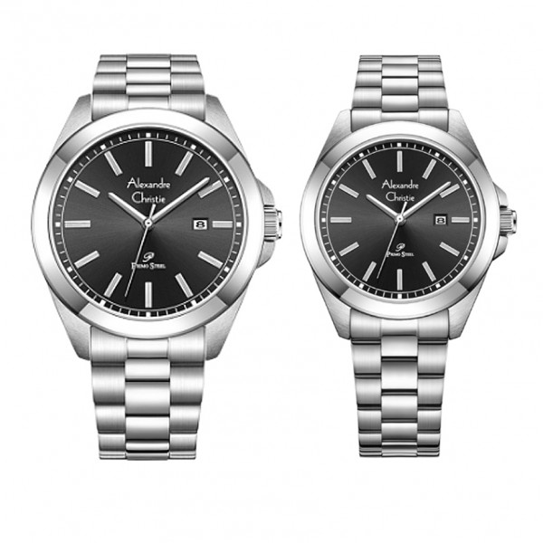 Alexandre Christie AC 1015 Silver Black Steel Couple